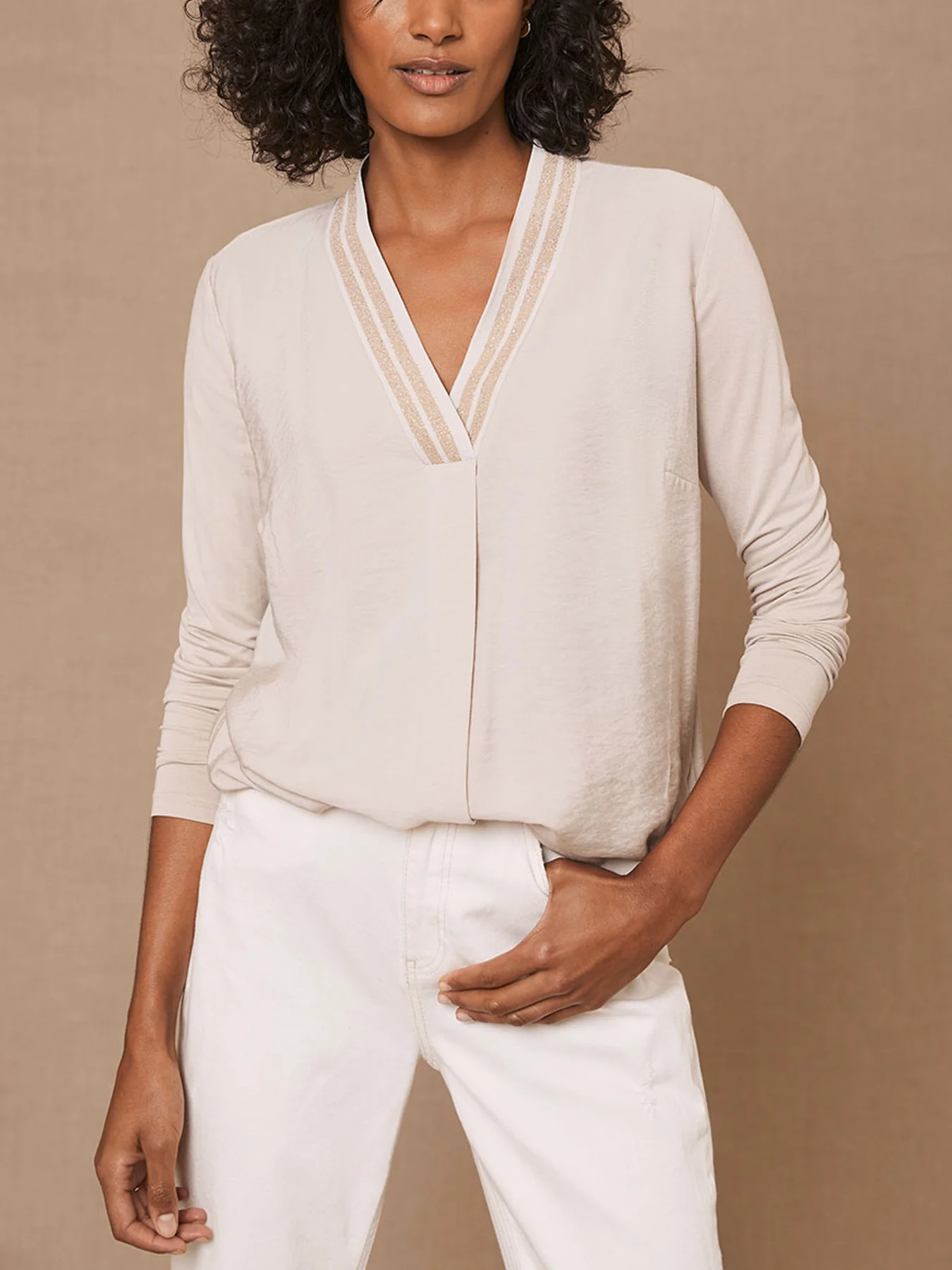 Beige Metallic V-Neck Top - Image 7