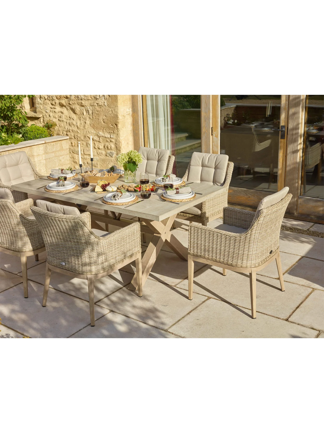 Monterey Ceramic Rectangle Dining Set with 6 Rattan Vogue Armchairs - Image 3