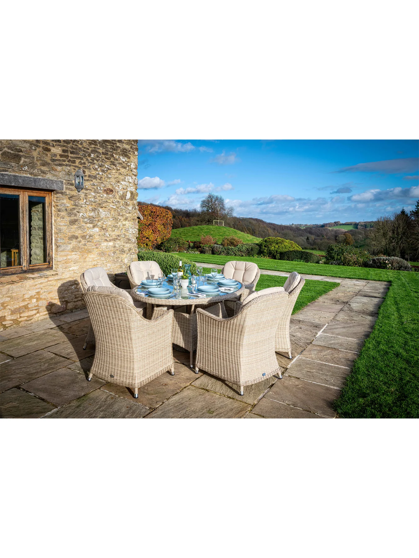 Monterey Rattan 6 Seat Elliptical Dining Set with Parasol & Base - Image 3