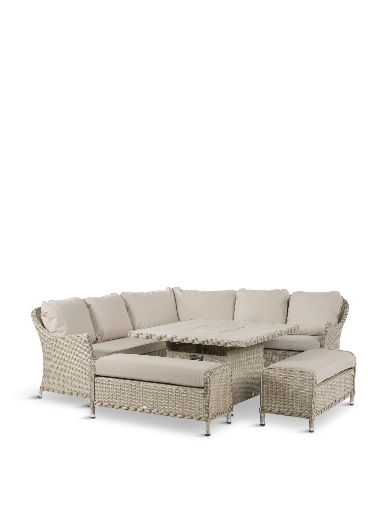 Monterey Square Sofa with Ceramic Firepit Table & Two Benches Sandstone