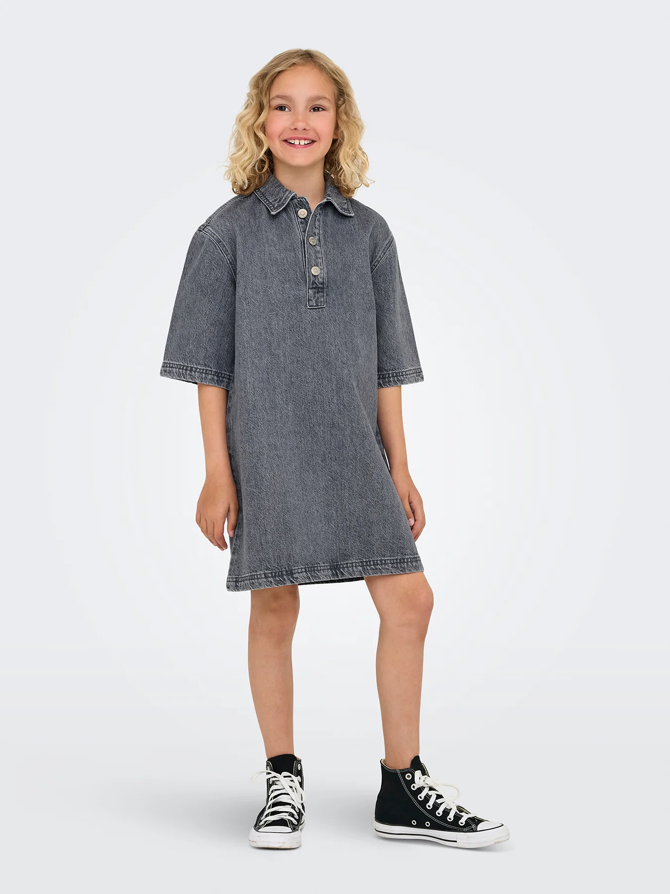 Girlsā Denim Short Sleeve Dress Grey - Image 2