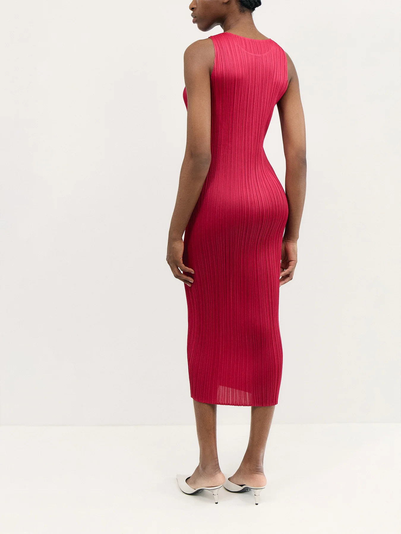 Pleats Colourful Basics Mock Neck Sleeveless Carmine Pink Dress - Image 5