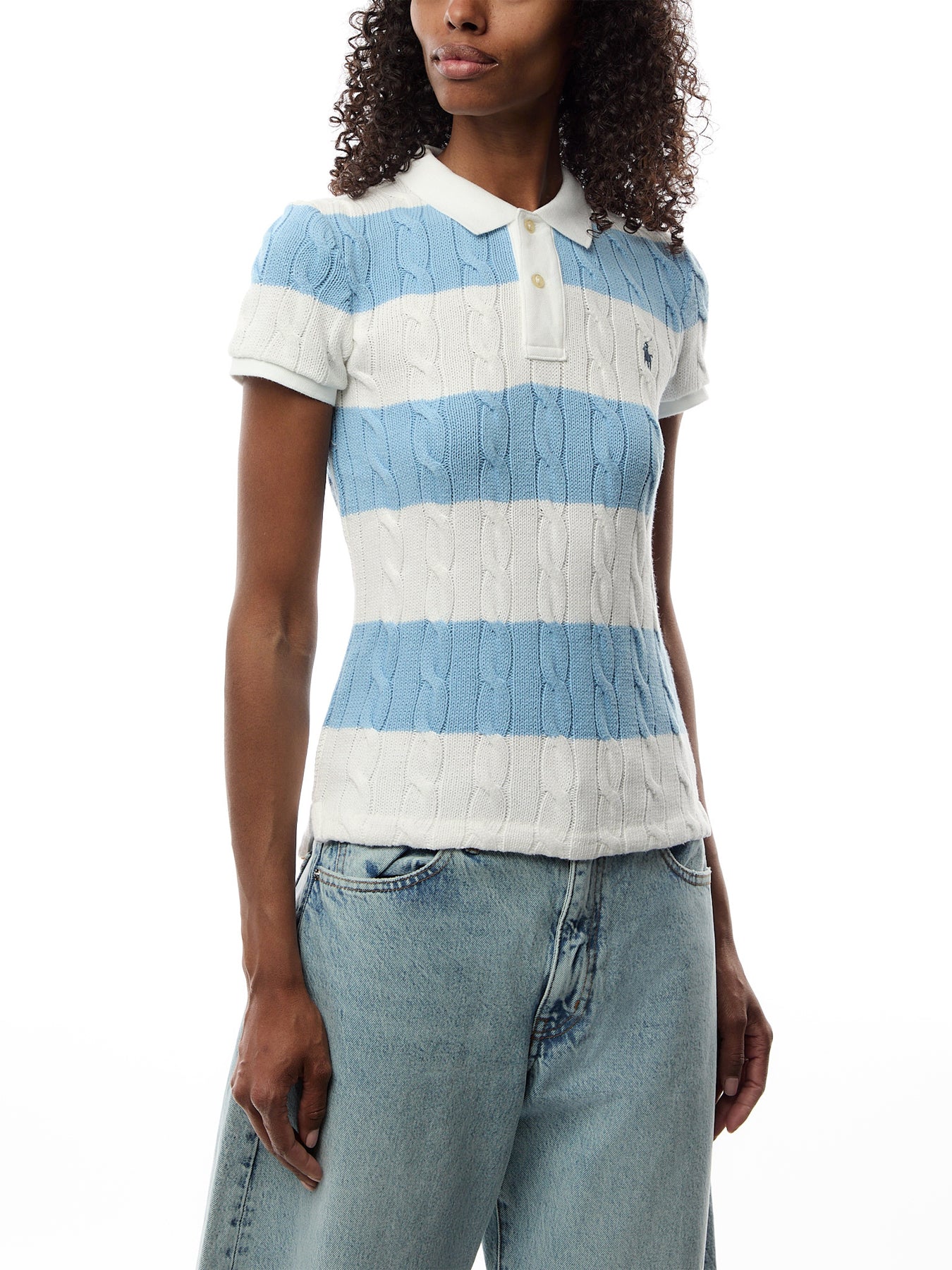 Short Sleeve Striped Cable knit Polo Shirt - Image 4