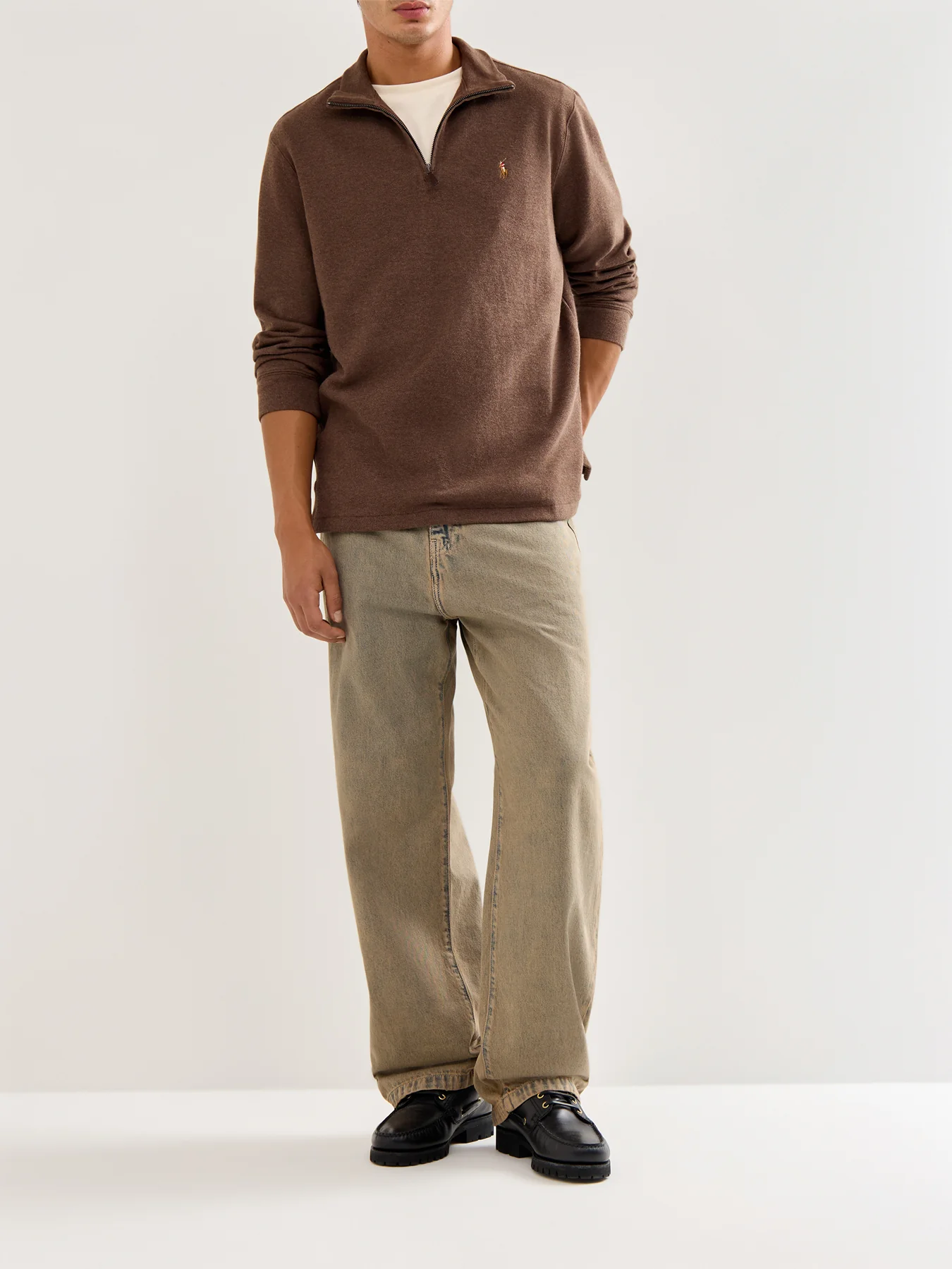 1/4 Zip Ribbed Cotton Sweatshirt Brown - Image 2
