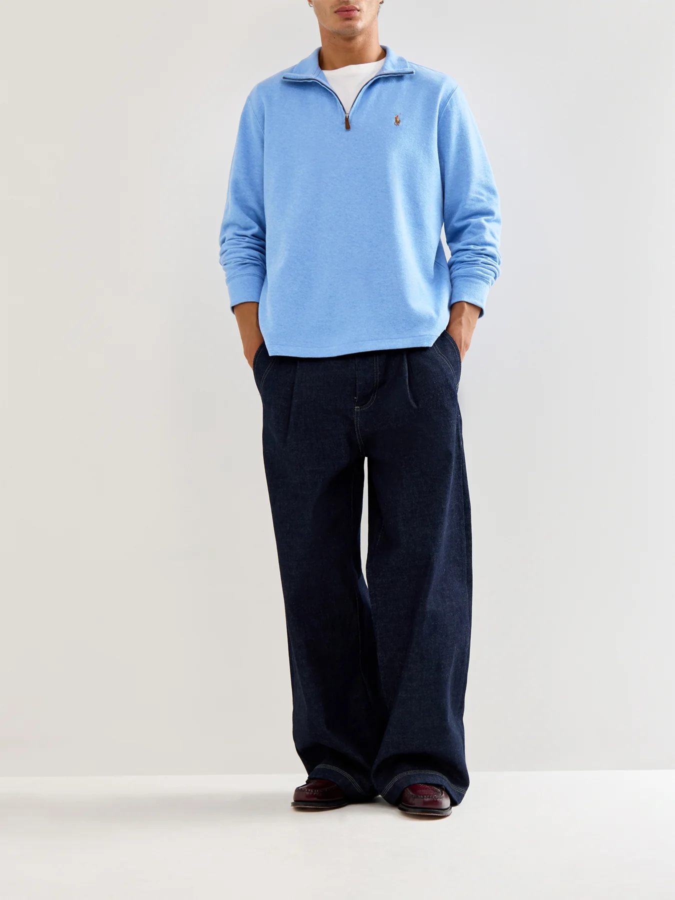 1/4 Zip Ribbed Cotton Sweatshirt Blue - Image 2