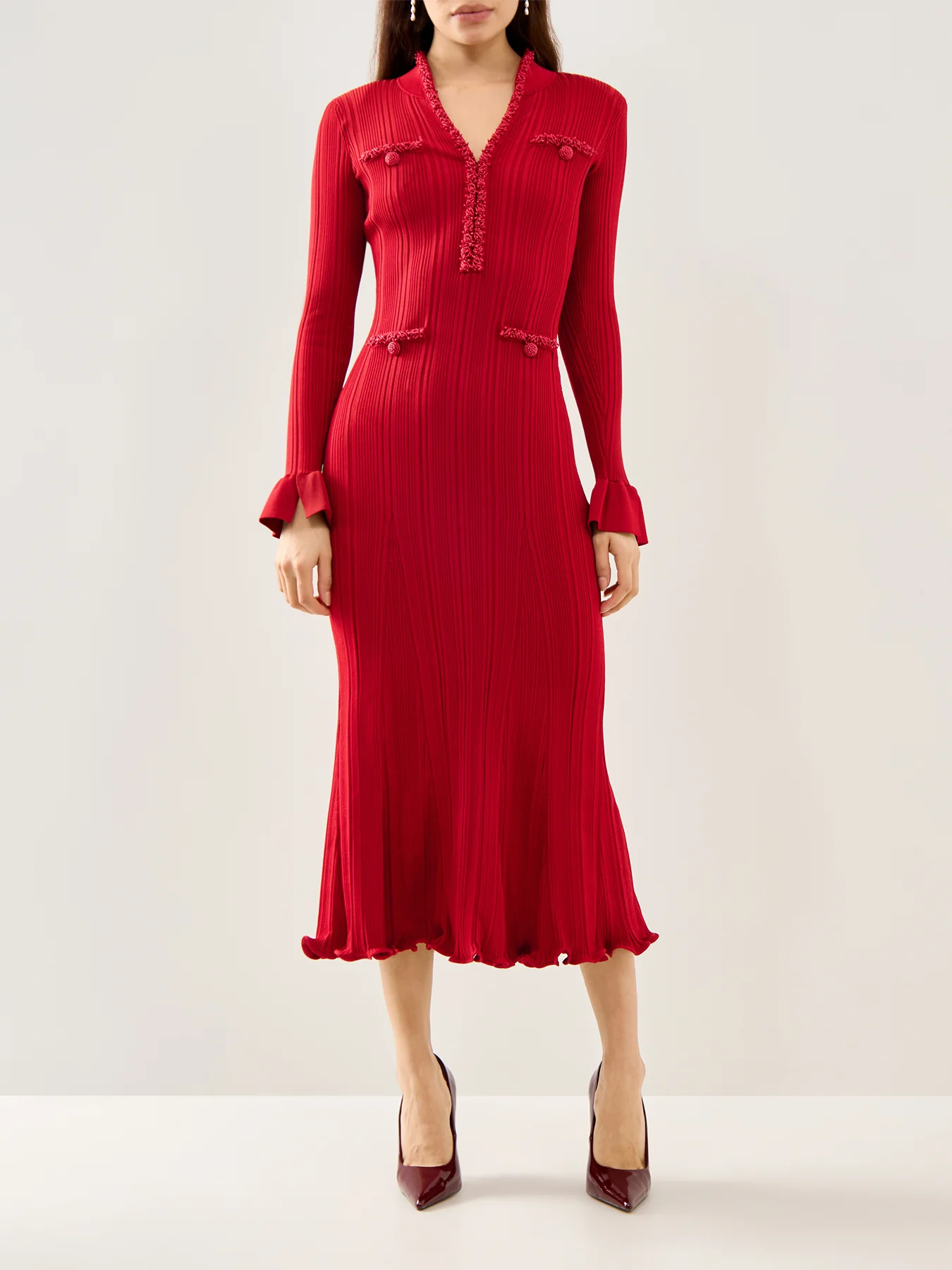 Red Pearl Trim Knit Midi Dress Red - Image 2