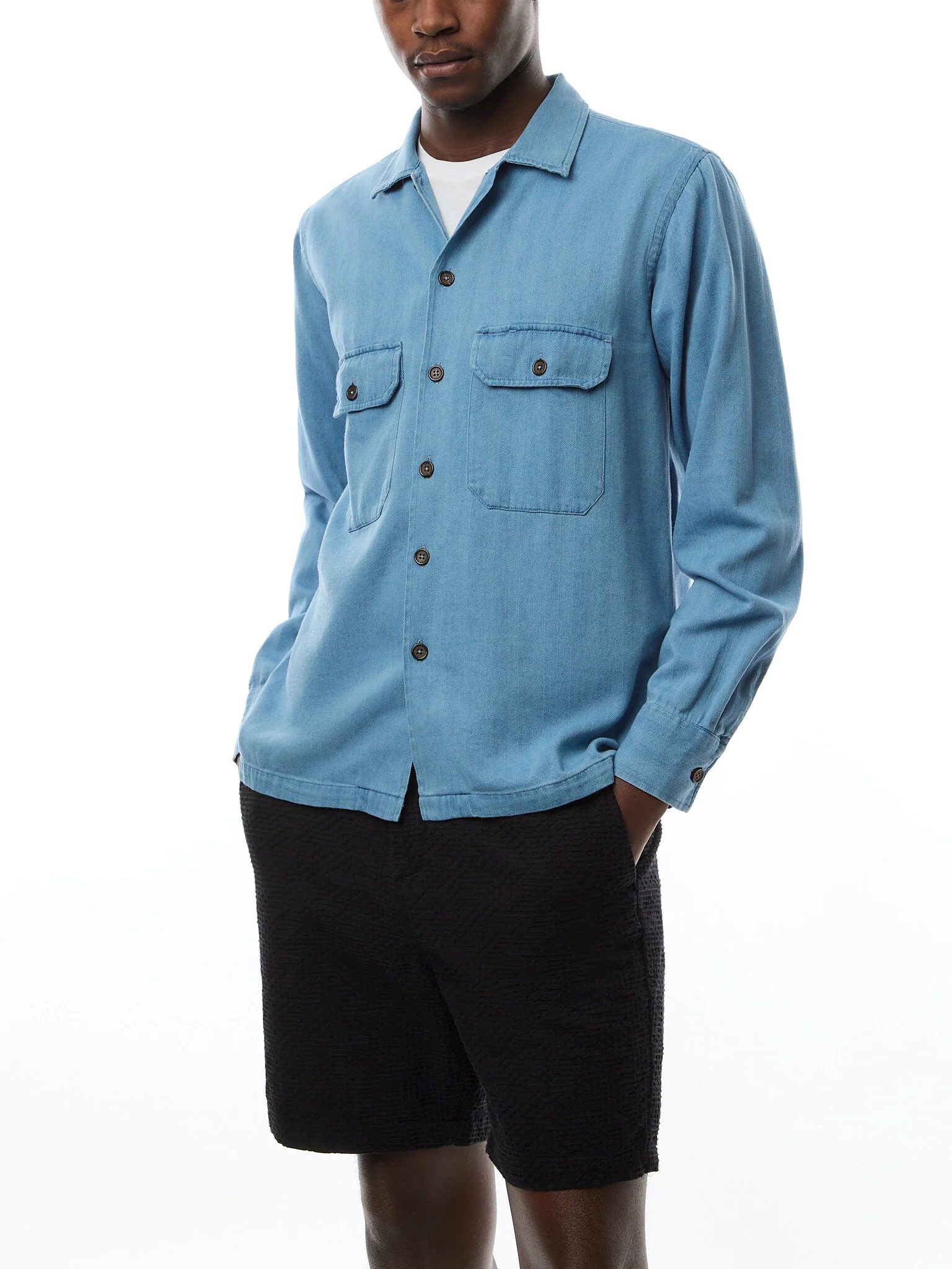 Washed Indigo Herringbone Utility Shirt - Image 4