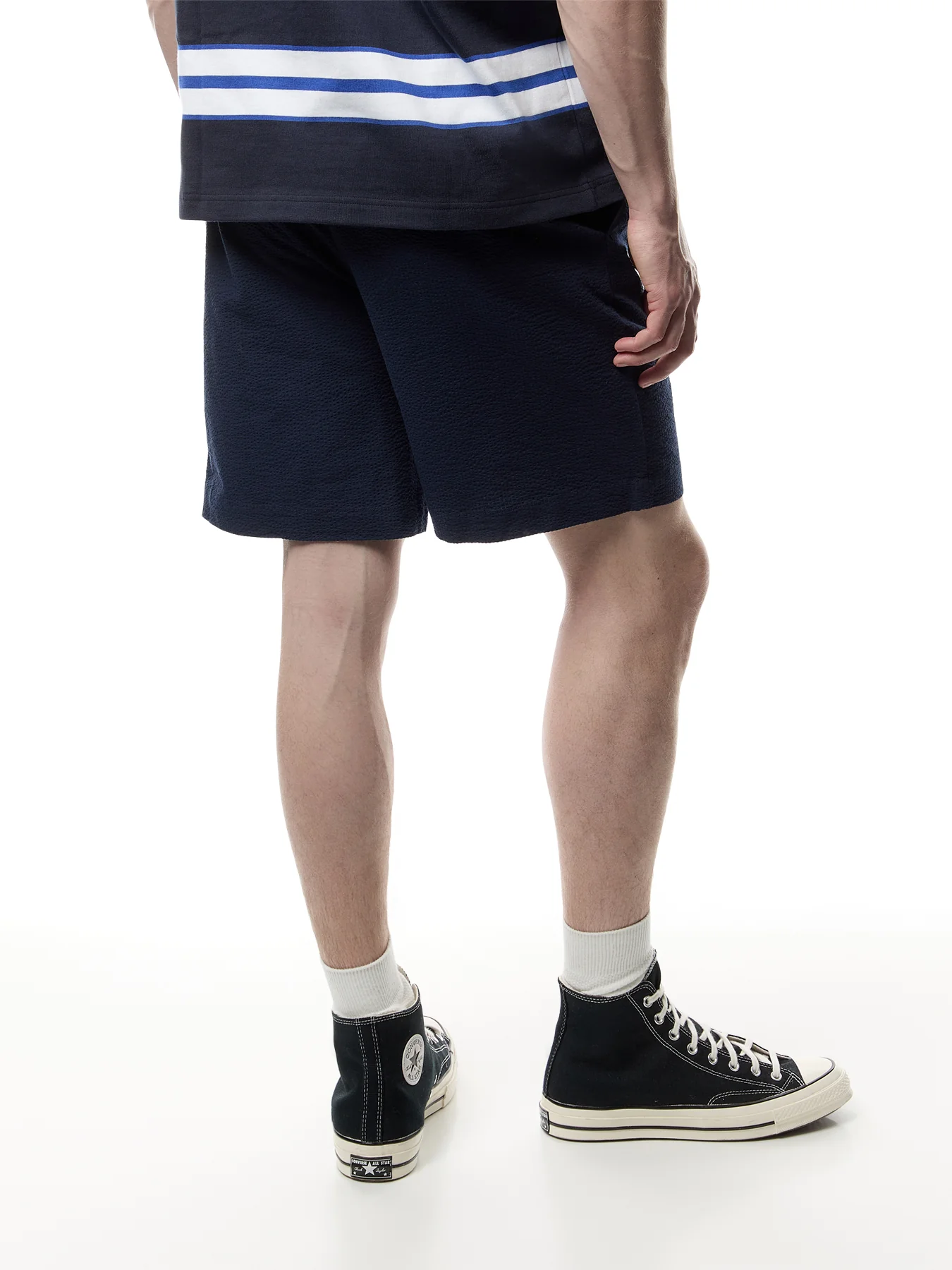 Linton Navy Cotton Seersucker Pleated Shorts - Image 5