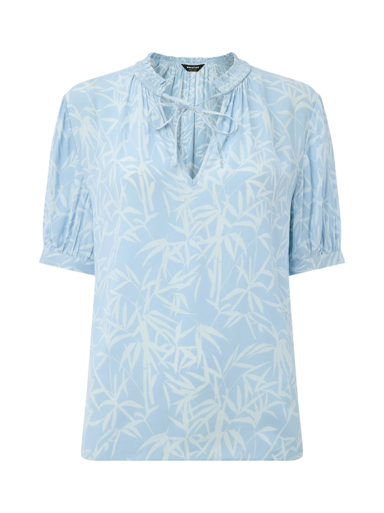 Blue/Multi Bamboo Leaves Tie Neck Blouse
