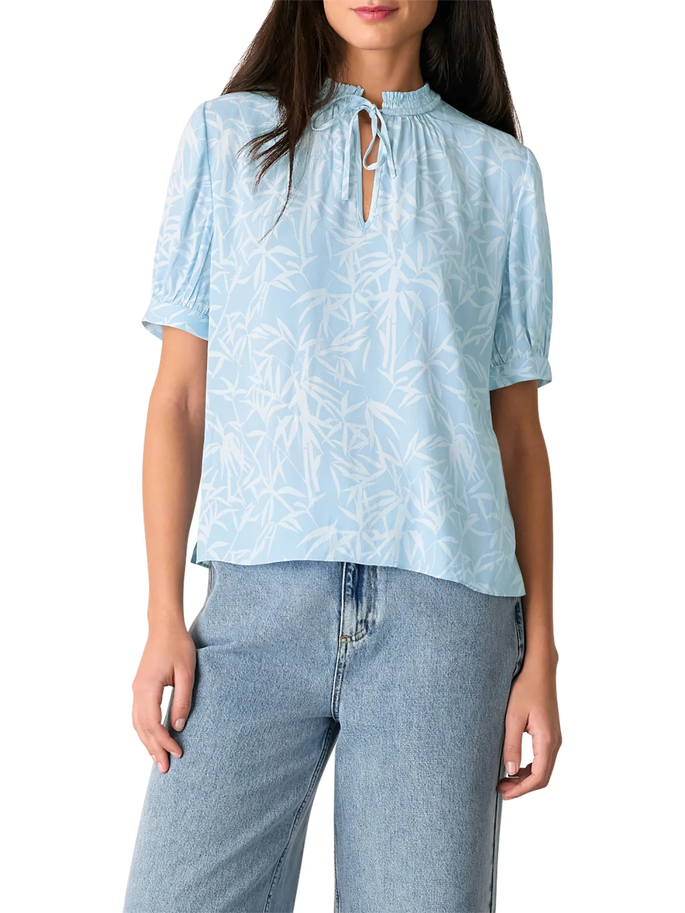 Blue/Multi Bamboo Leaves Tie Neck Blouse - Image 2
