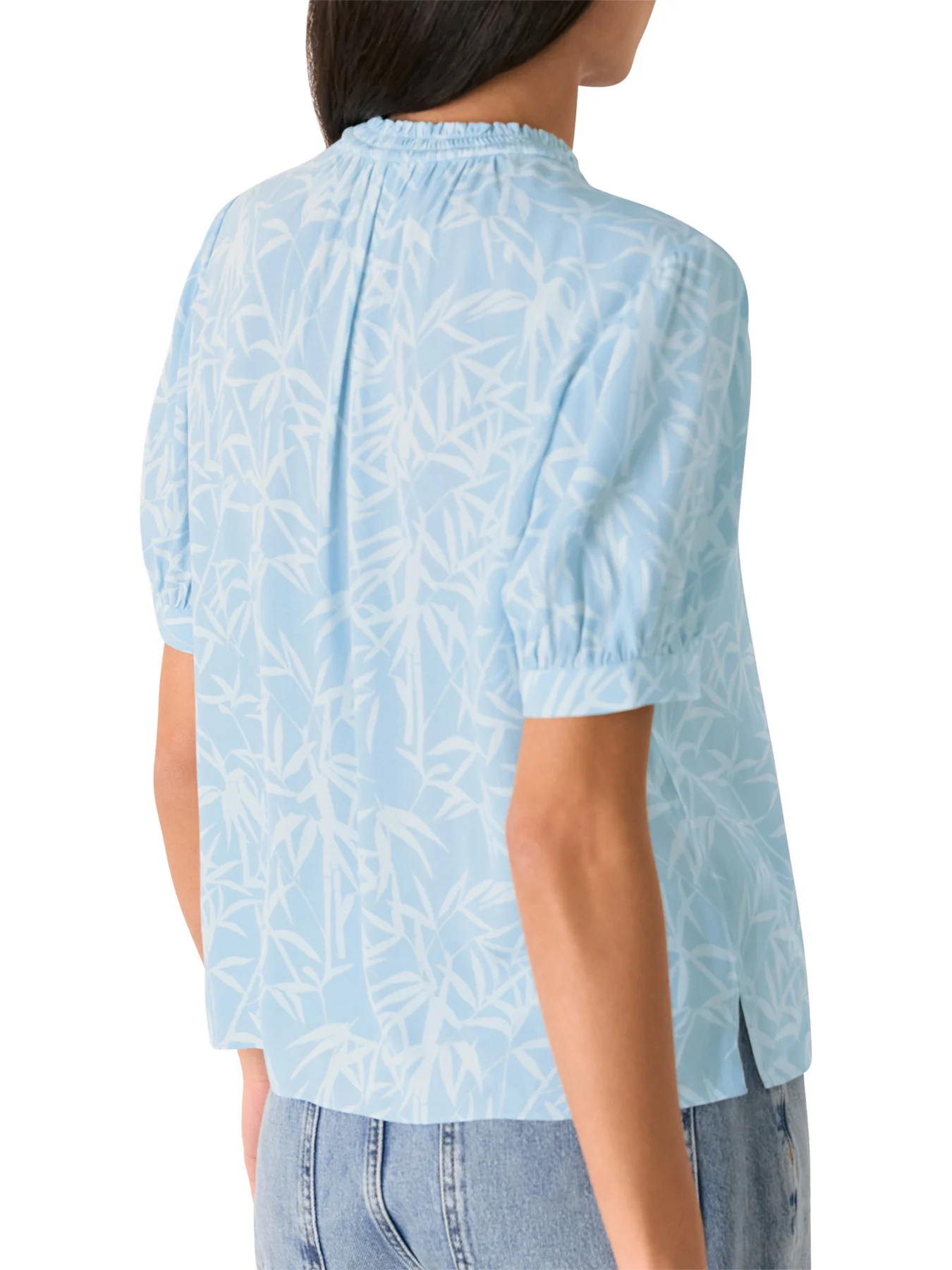 Blue/Multi Bamboo Leaves Tie Neck Blouse - Image 4