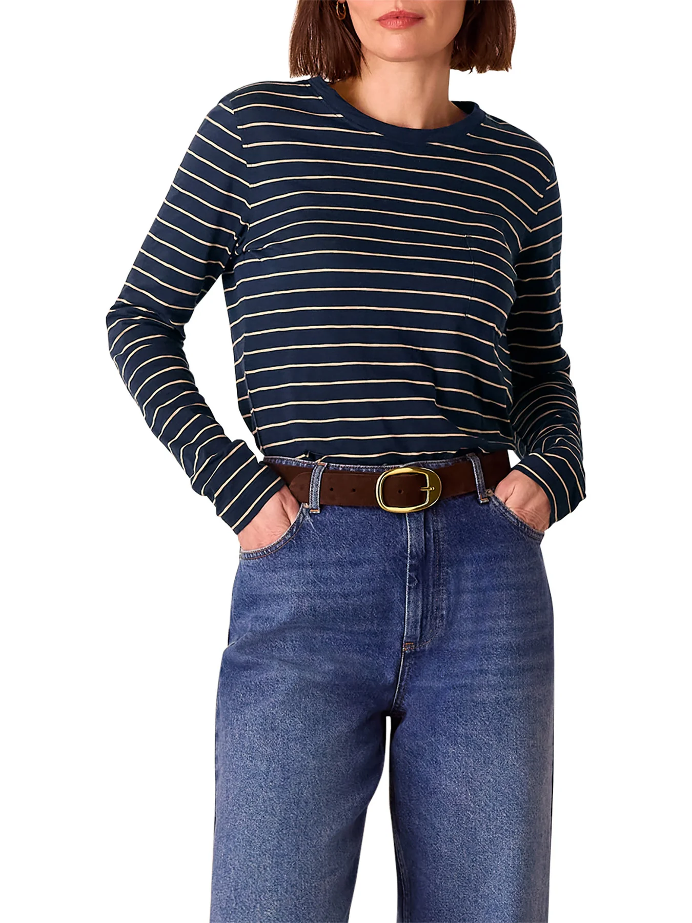 Navy/Multi Stripe Crew Neck Pocket Top - Image 2