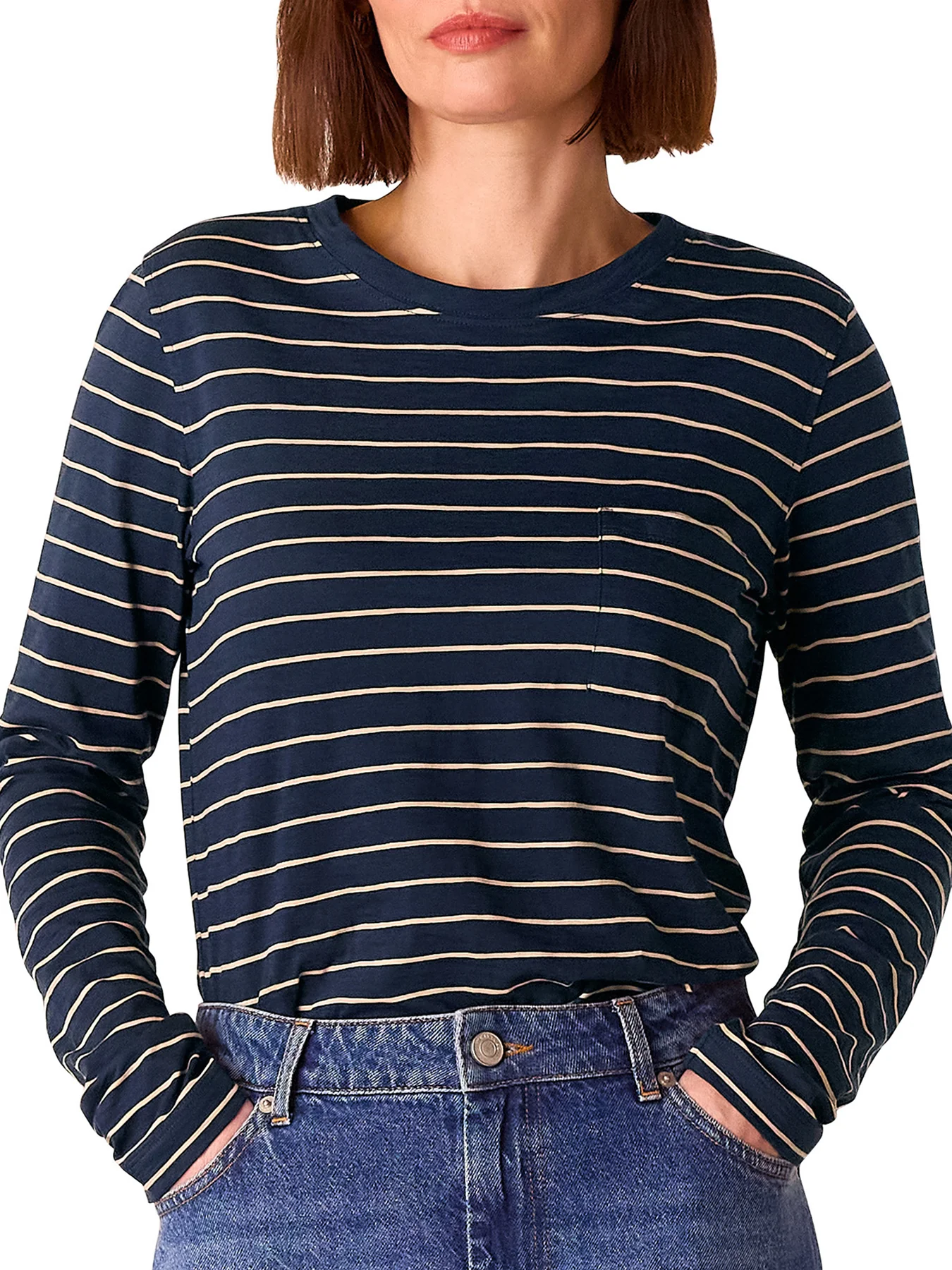 Navy/Multi Stripe Crew Neck Pocket Top - Image 4