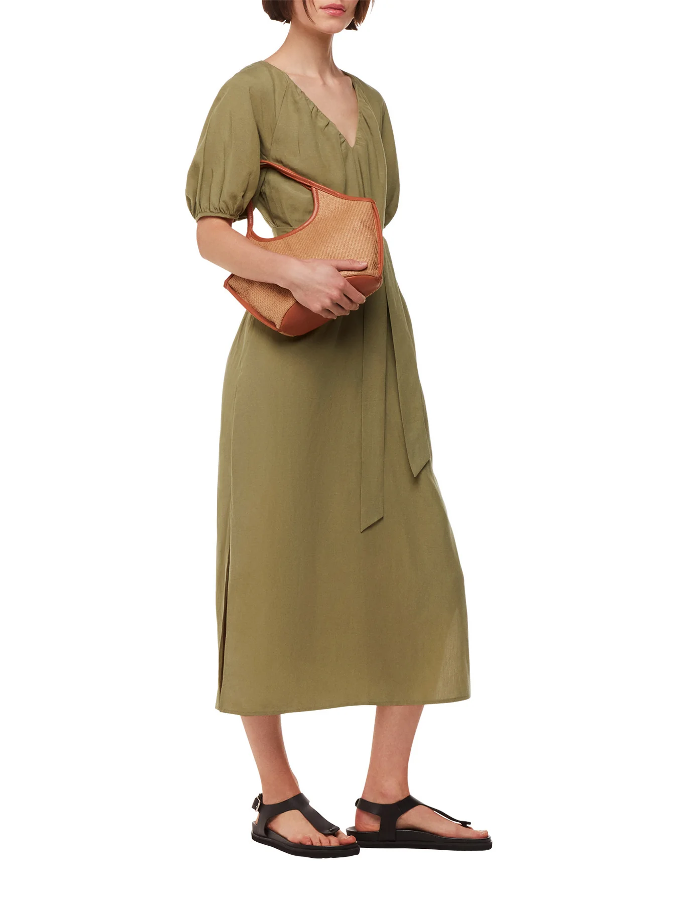 Khaki Ariella Linen Blend Midi Dress Khaki - Image 2