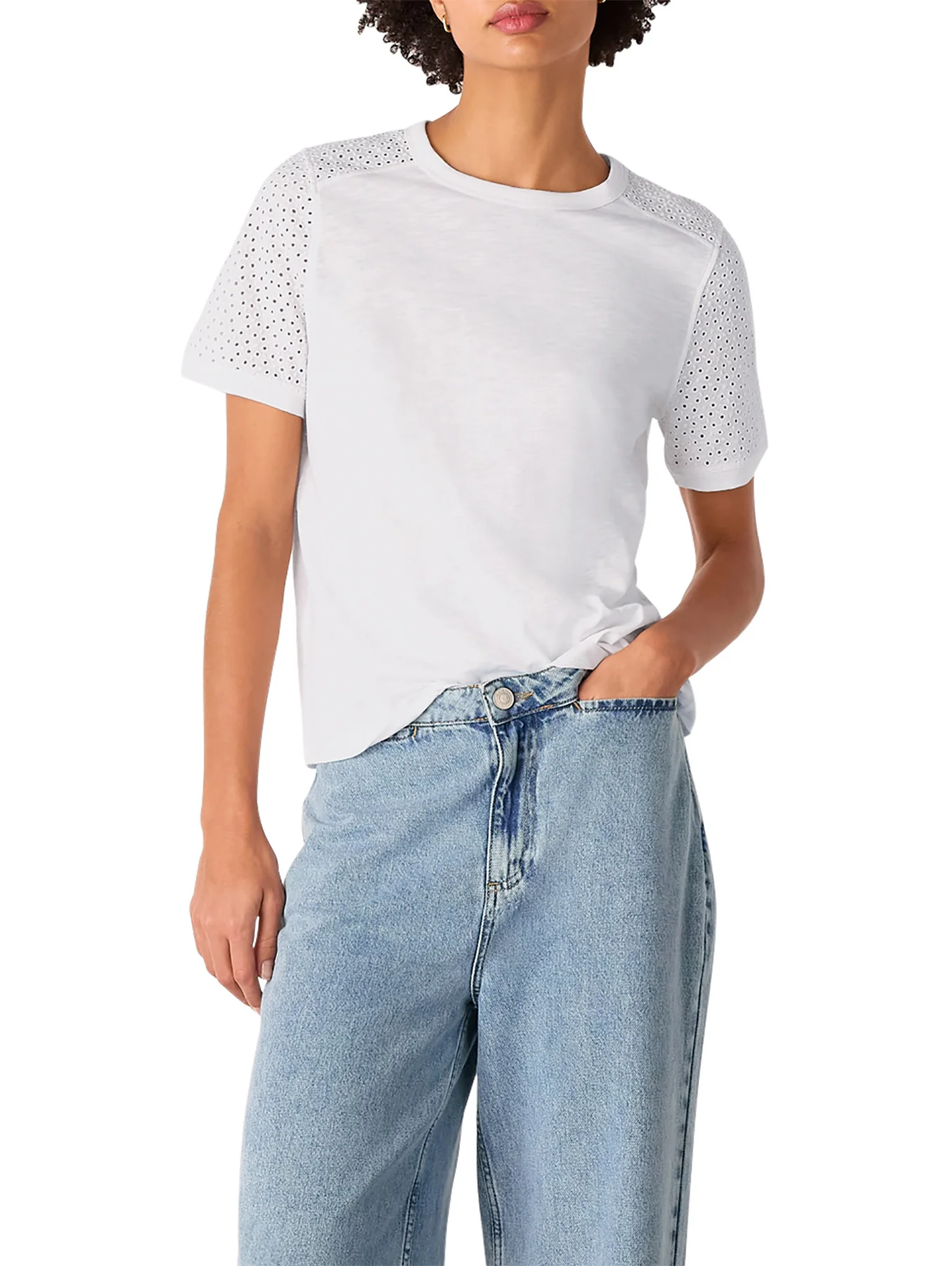 White Broderie Sleeve Detail Tee - Image 2