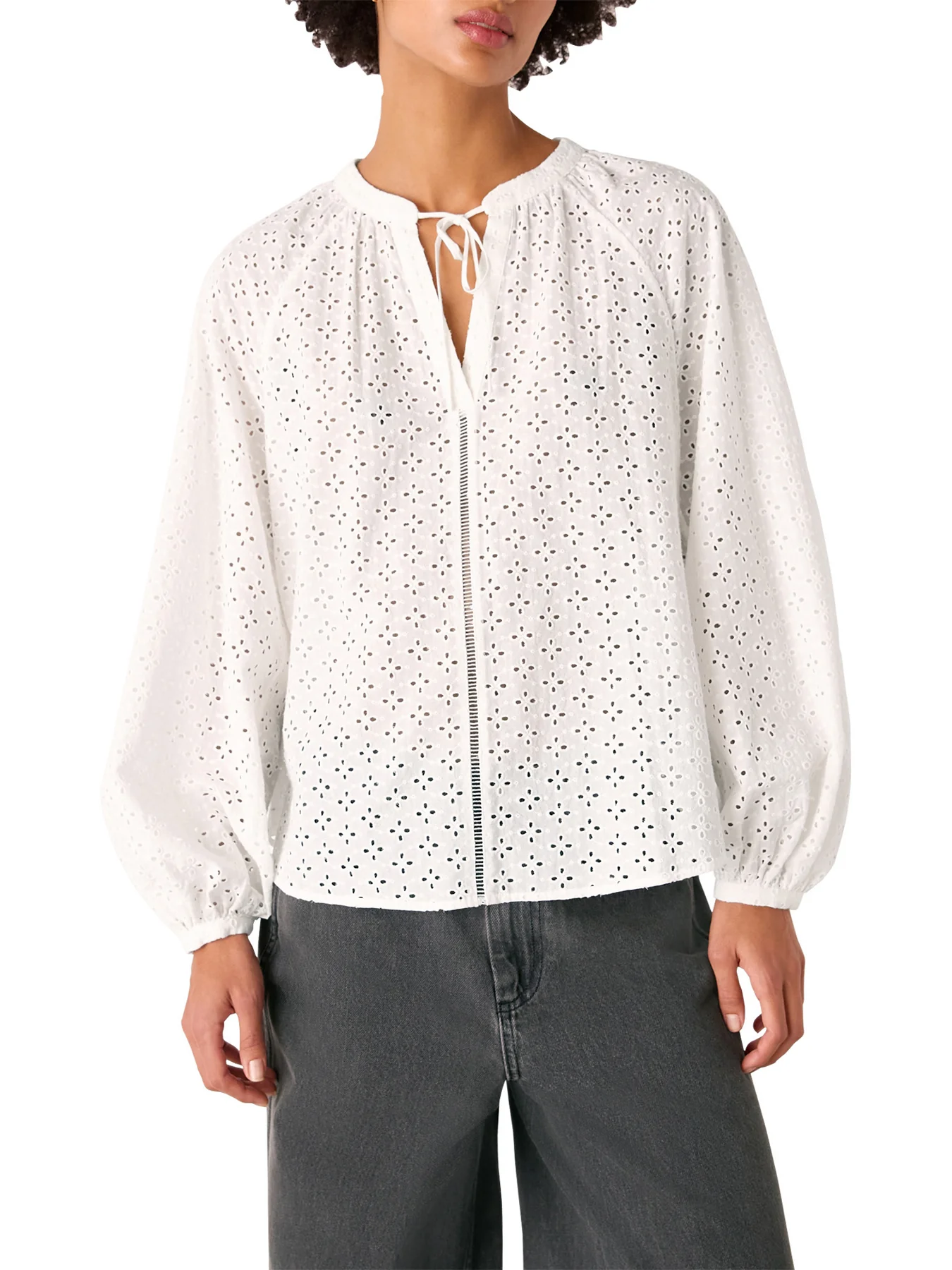 White Broderie V Neck Blouse - Image 2