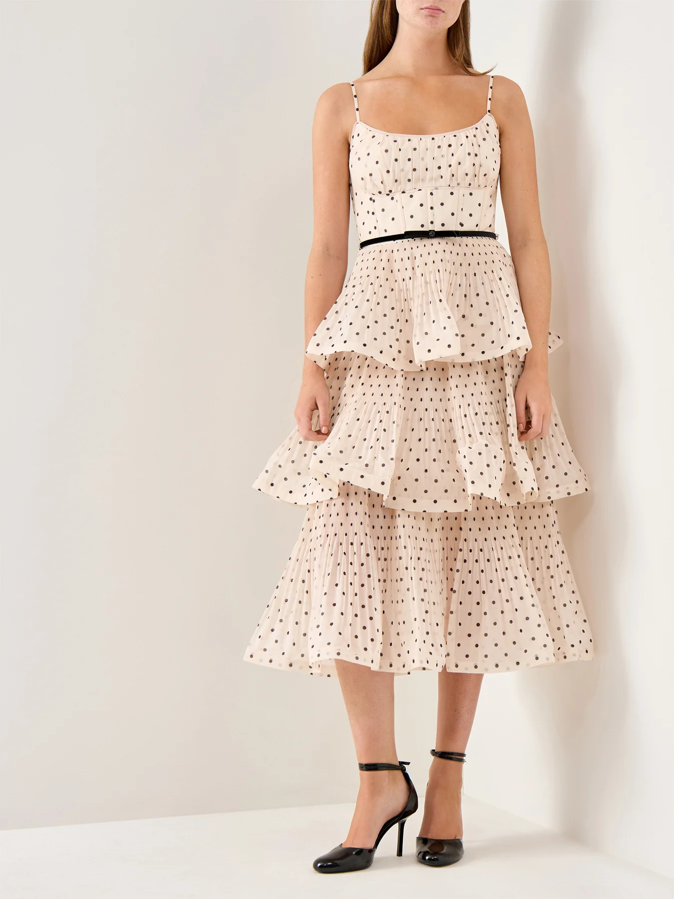 Pleated Tiered Midi Dress Cream Black Polka Dot - Image 2